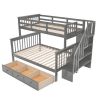 Stairway Twin-Over-Full Bunk Bed with Drawer, Storage and Guard Rail for Bedroom, Dorm, for Adults, Gray color